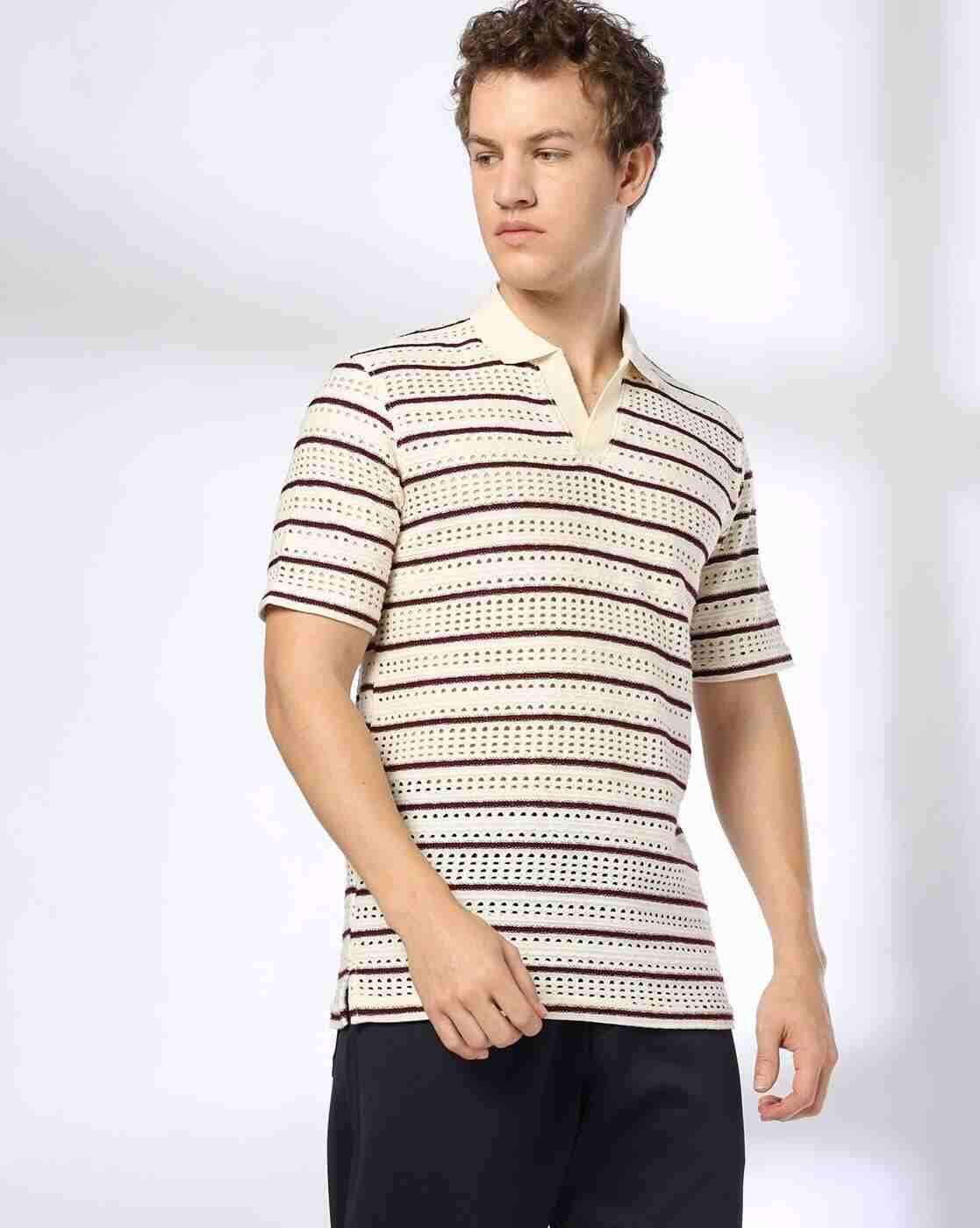 Men Open-Knit Striped Regular Fit Polo T-Shirt