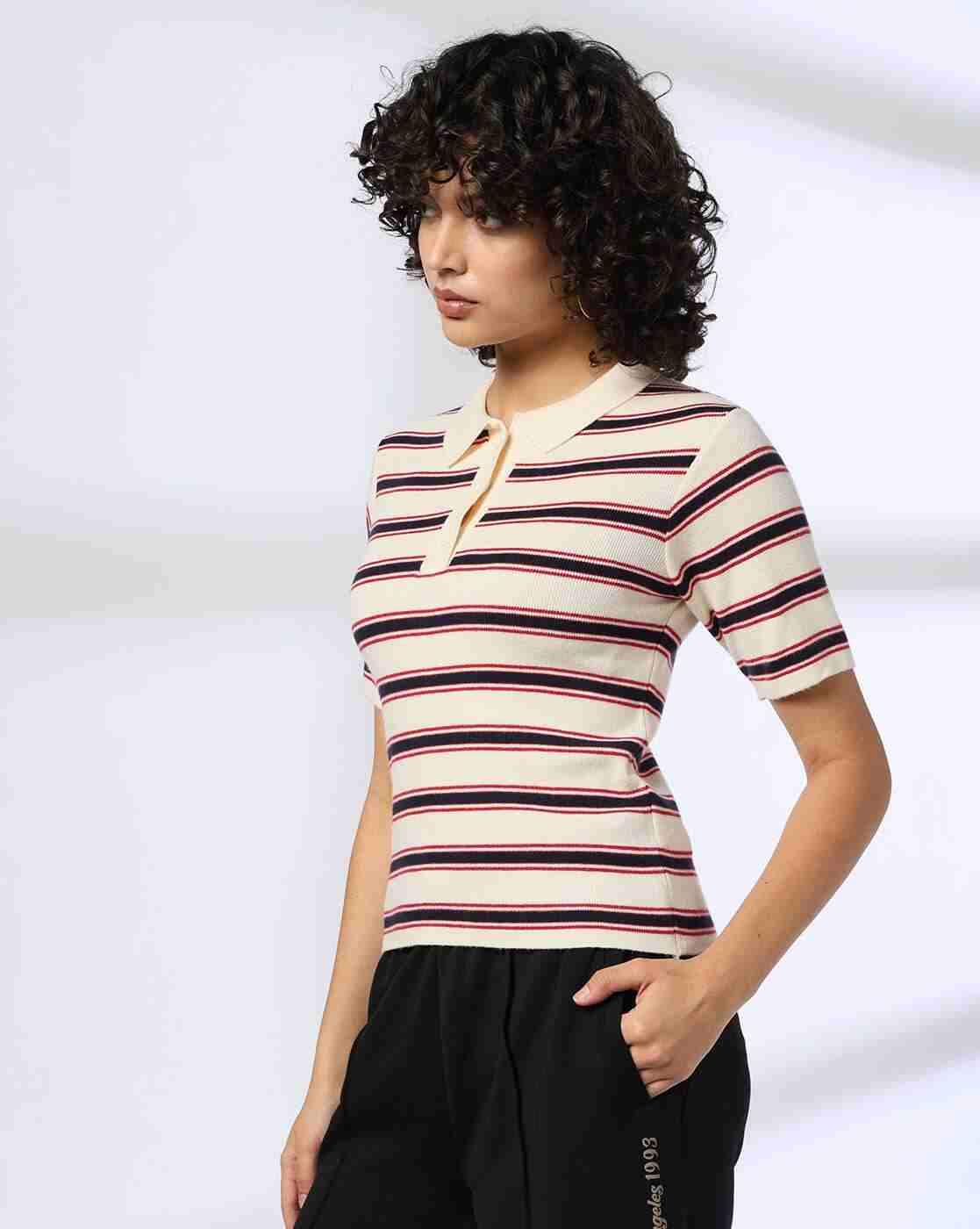 Teamspirit | Women Striped Regular Fit Polo T-Shirt|1