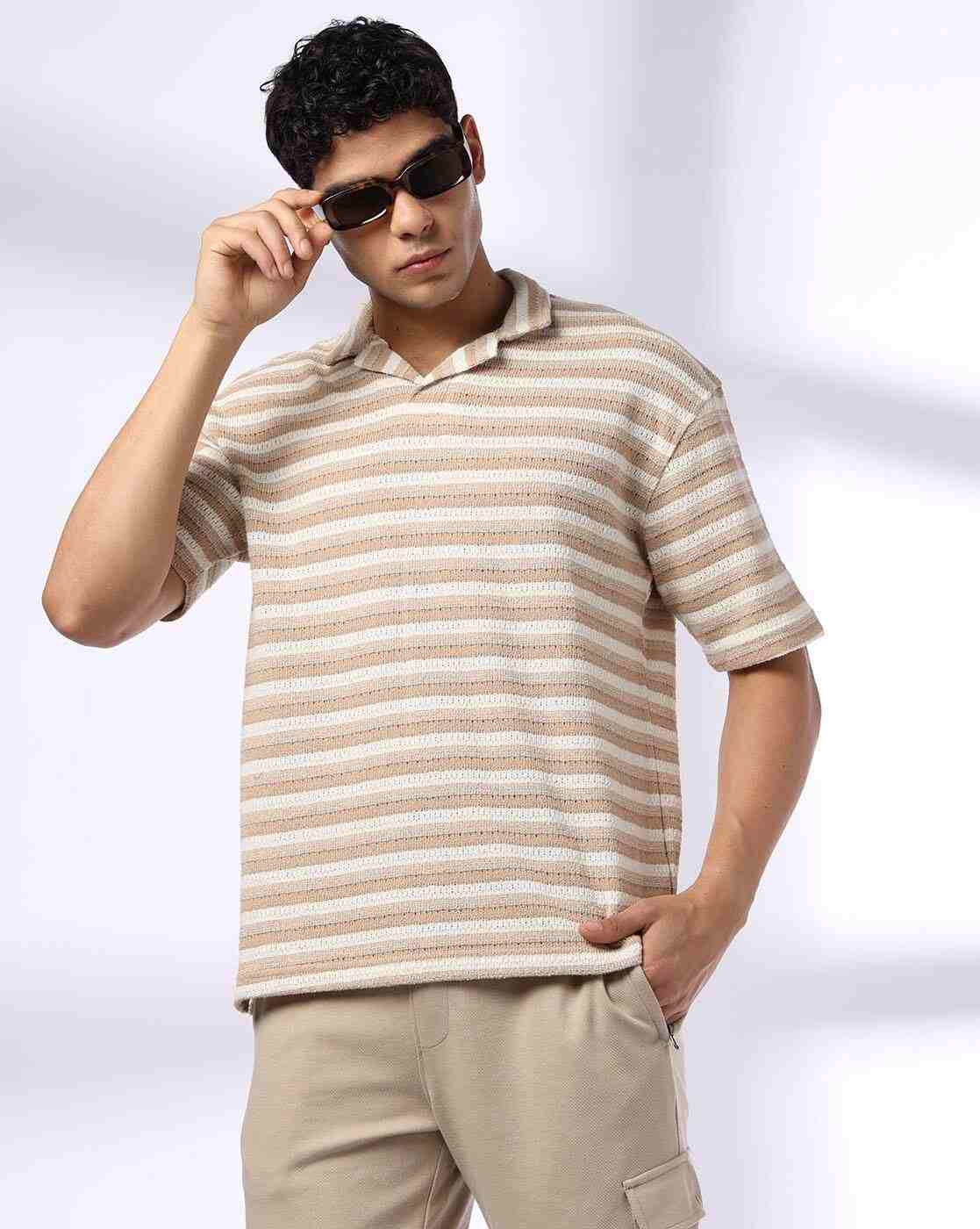 Teamspirit | Men Open-Knit Striped Loose Fit Polo T-Shirt|0