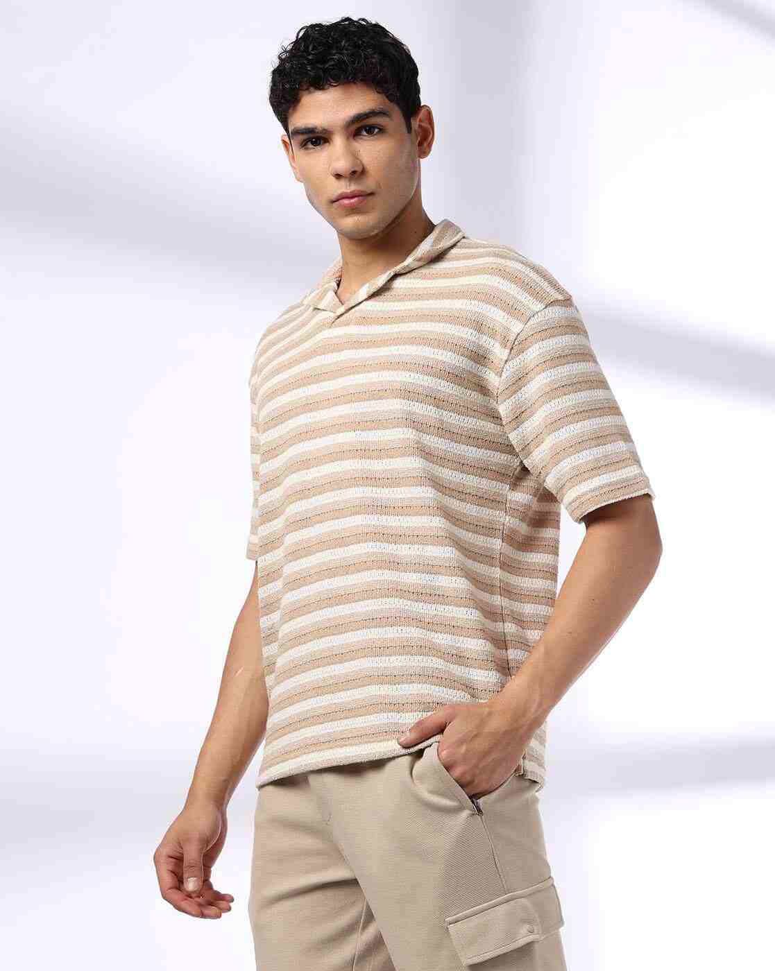 Teamspirit | Men Open-Knit Striped Loose Fit Polo T-Shirt|1