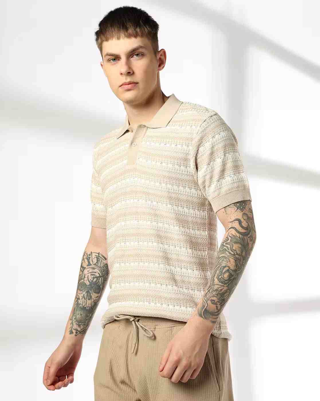 Men Str Garded Striped Flatknit Polo T-Shirt