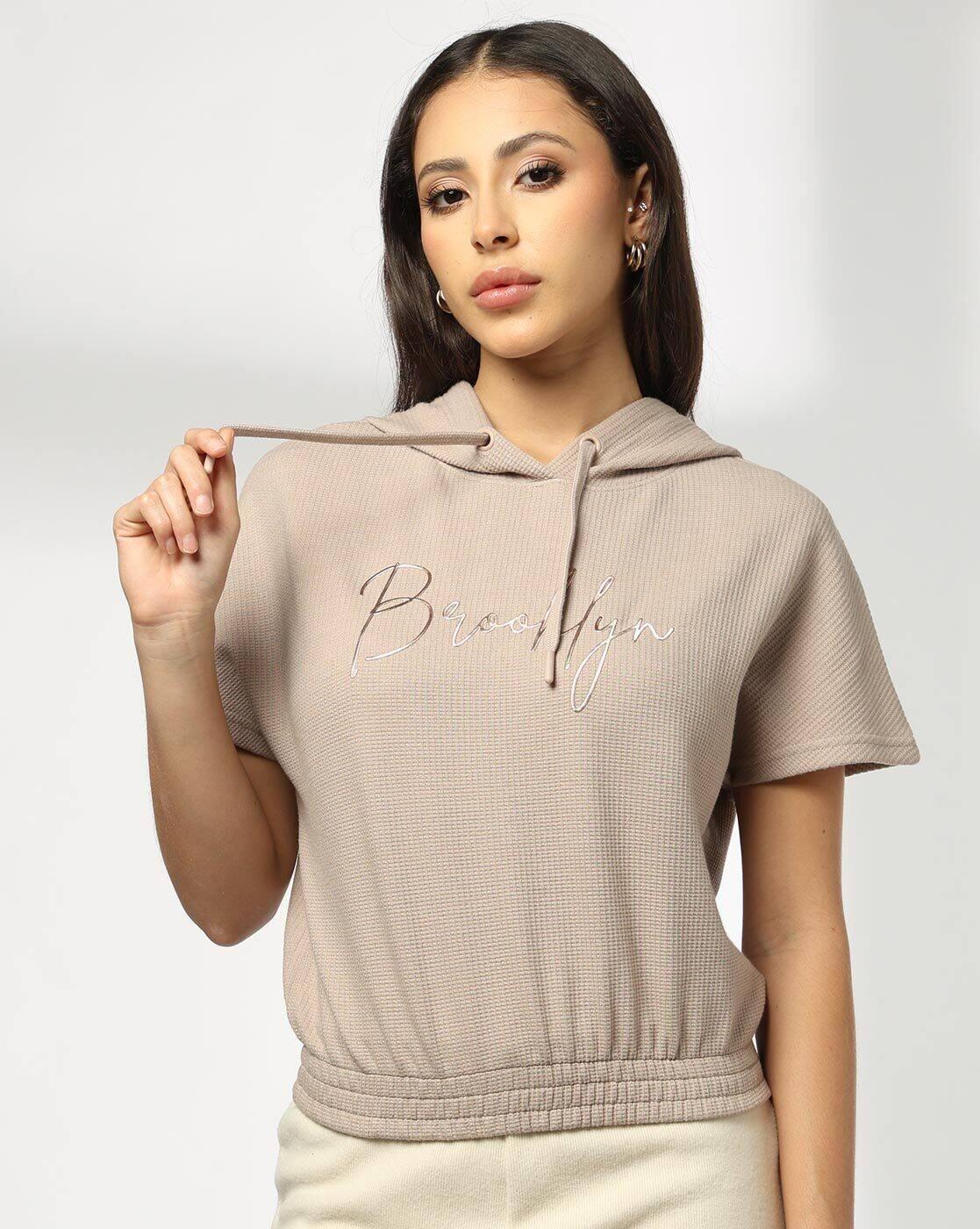 Women Waffle Hoodie Top With Sticker Artwork