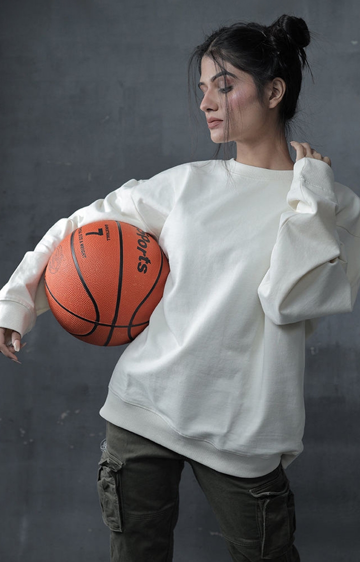 Solid Women's Drop Shoulder Loose Fit Premium Terry Sweatshirt - Off White