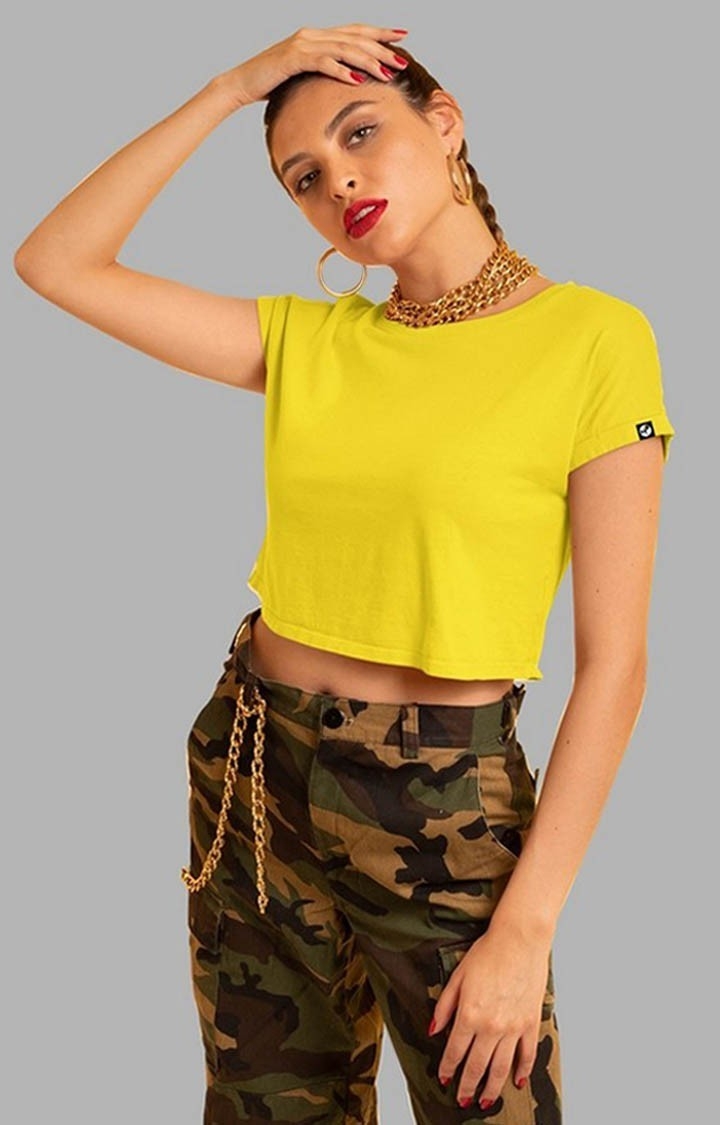 PRONK | Women's Solid Pineapple Yellow Crop T-shirt