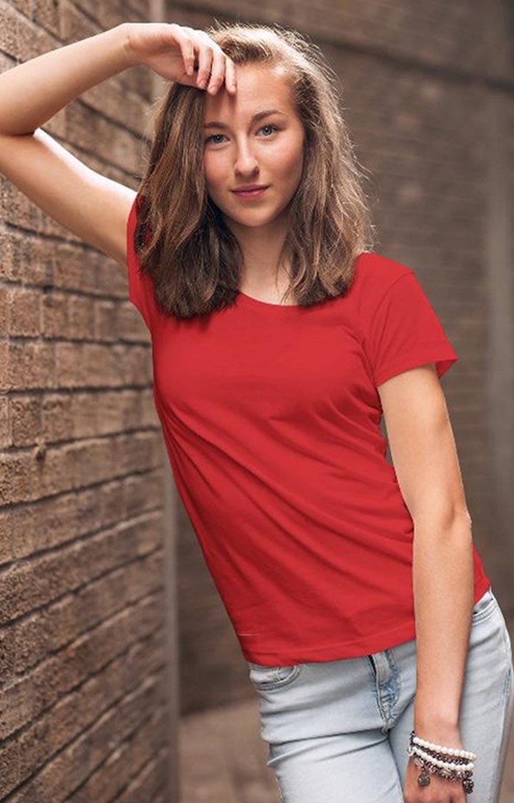 Solid Women's Candy Red Regular T-Shirt