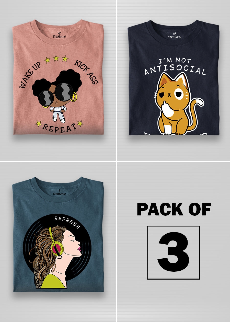 PRONK | Women Graphic Half Sleeve T-Shirt Combo - Pack of 3