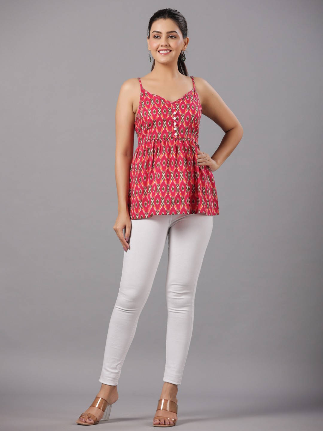 cotton printed flared strappy top