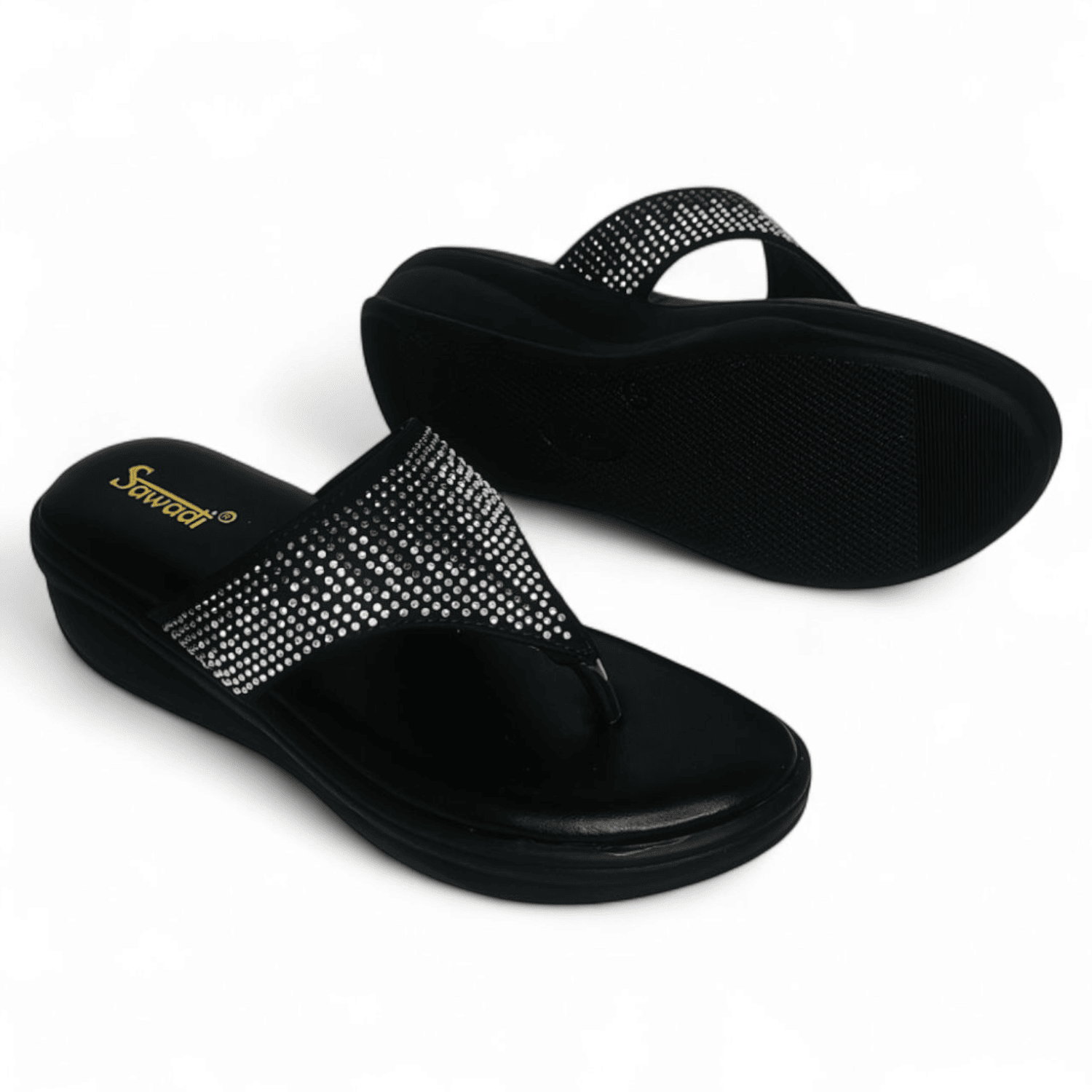Sawadi Women’s Soft Cushioned Thong Flats with Stone-Embellished Broad Strap – Daily & Party Wear Slip-ons