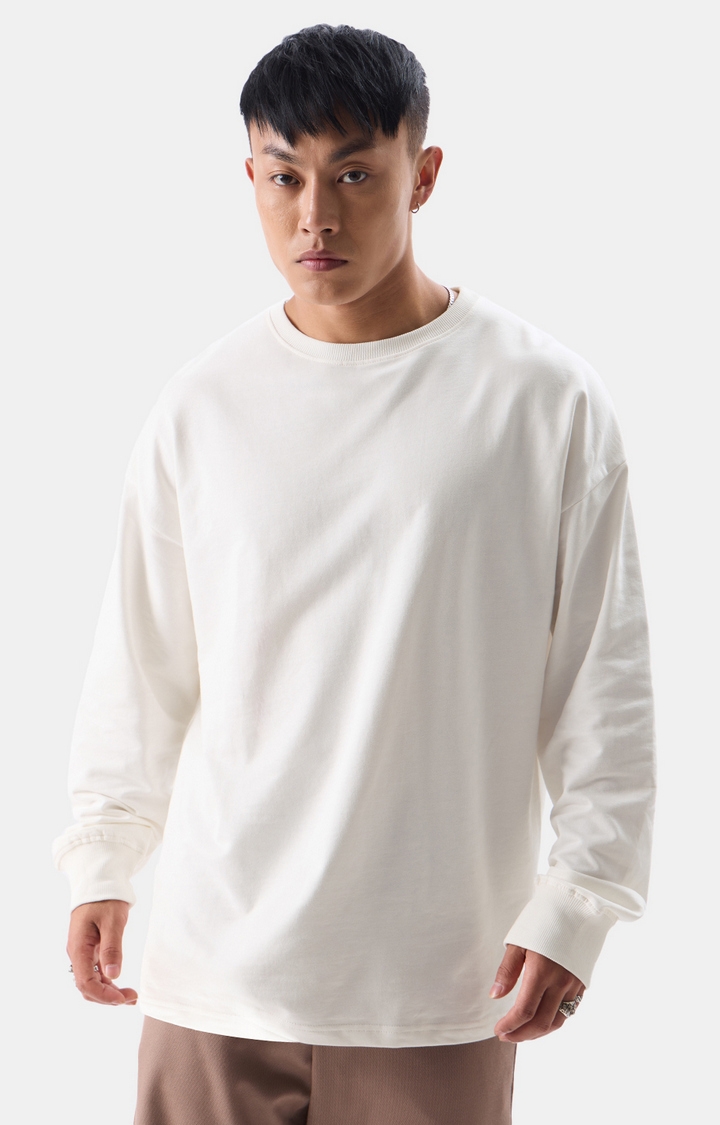 The Souled Store | Men's Solids White Oversized Full Sleeve T-Shirts
