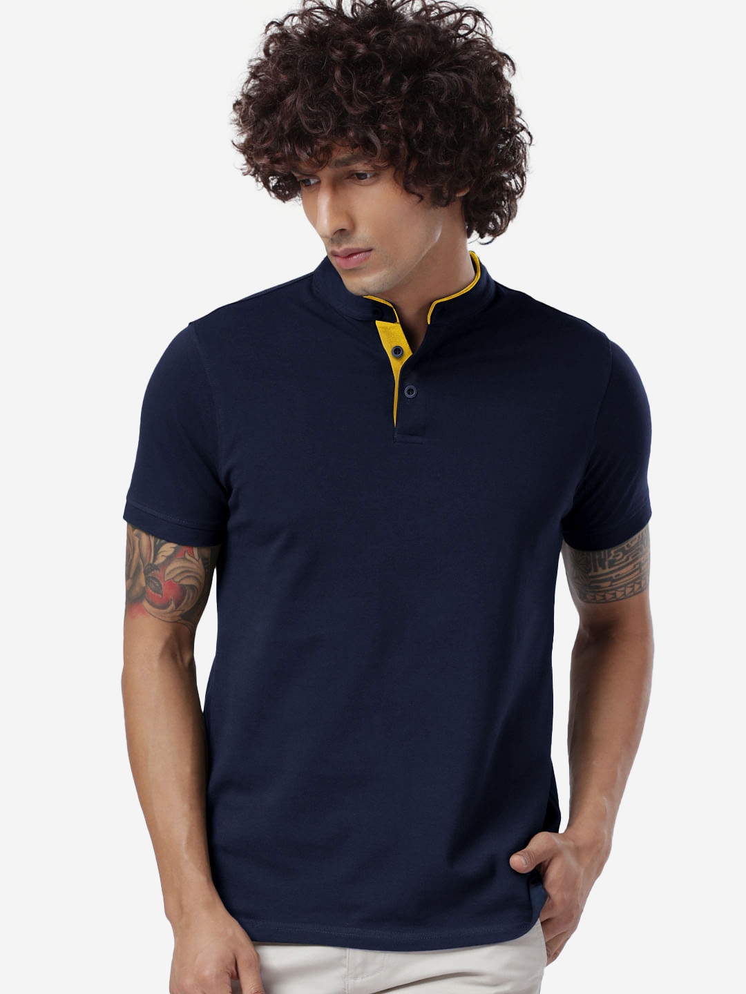 The Souled Store | Men's Solids Mandarin Polo: Navy Blue Mandarin Polo T-Shirt