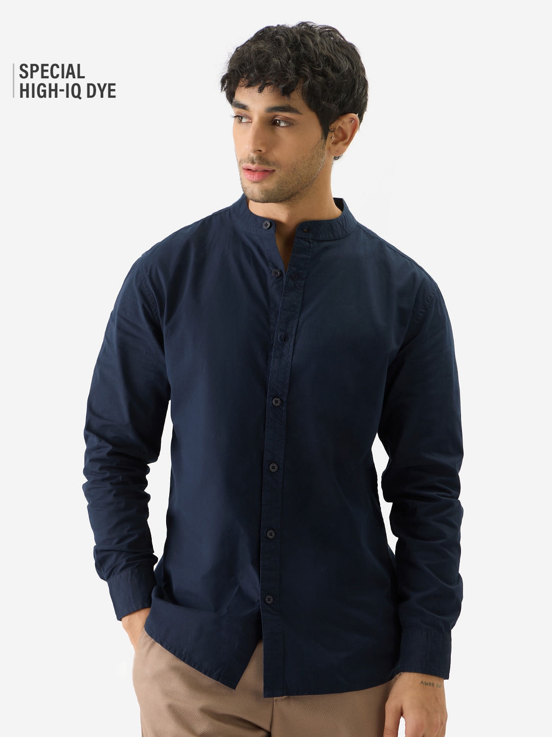 The Souled Store | Men's Solids: Navy Blue Mandarin Shirts