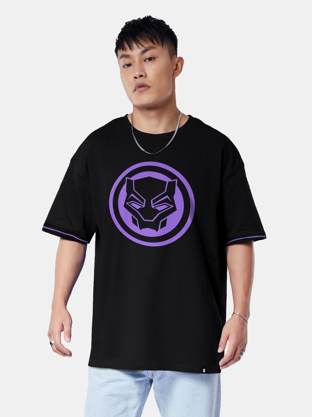 Men's Marvel: Black Panther Logo Black Printed Oversized T-Shirt