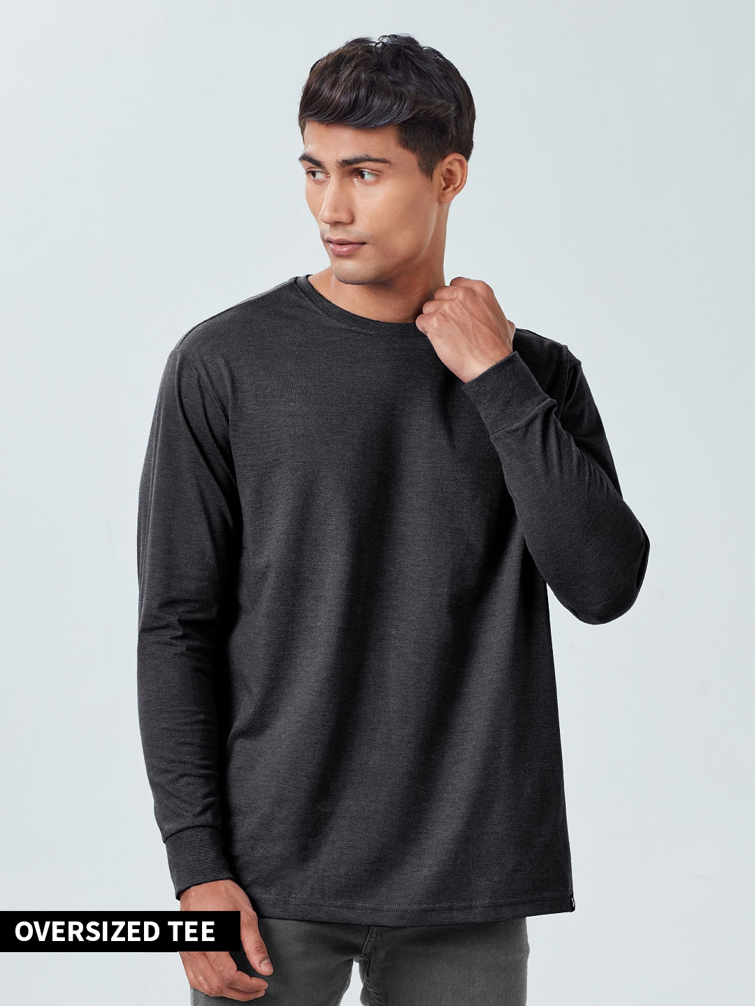 The Souled Store | Men's Solids: Charcoal Melange Easy Fit Full Sleeve T-Shirt