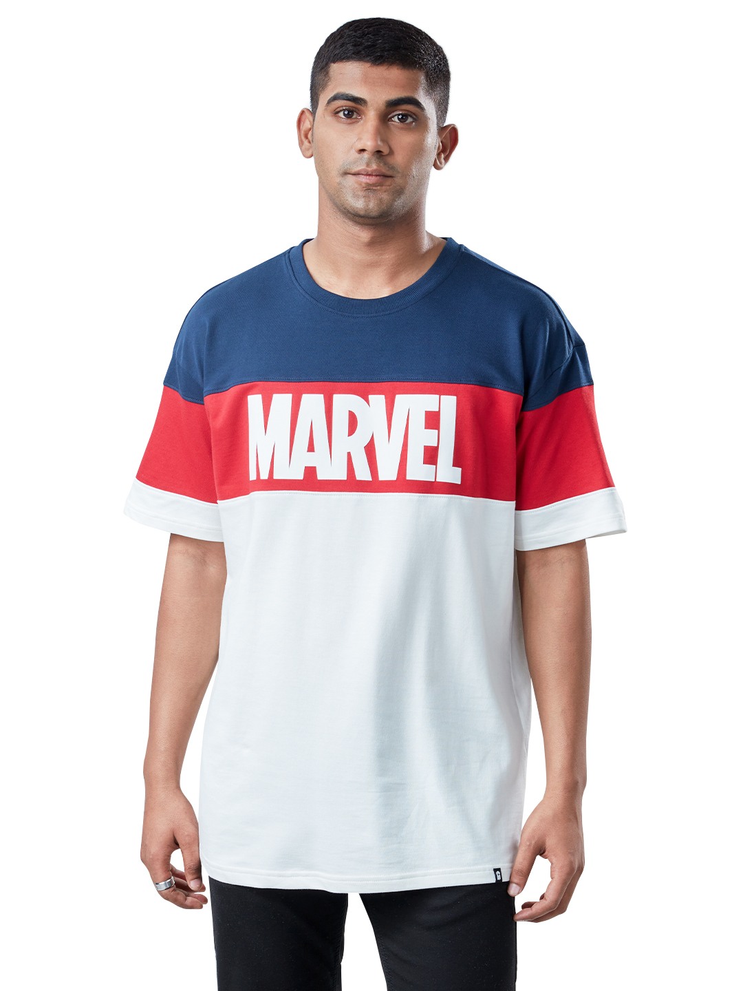 Men's Marvel: Logo Multicolour Typographic Printed Oversized T-Shirt