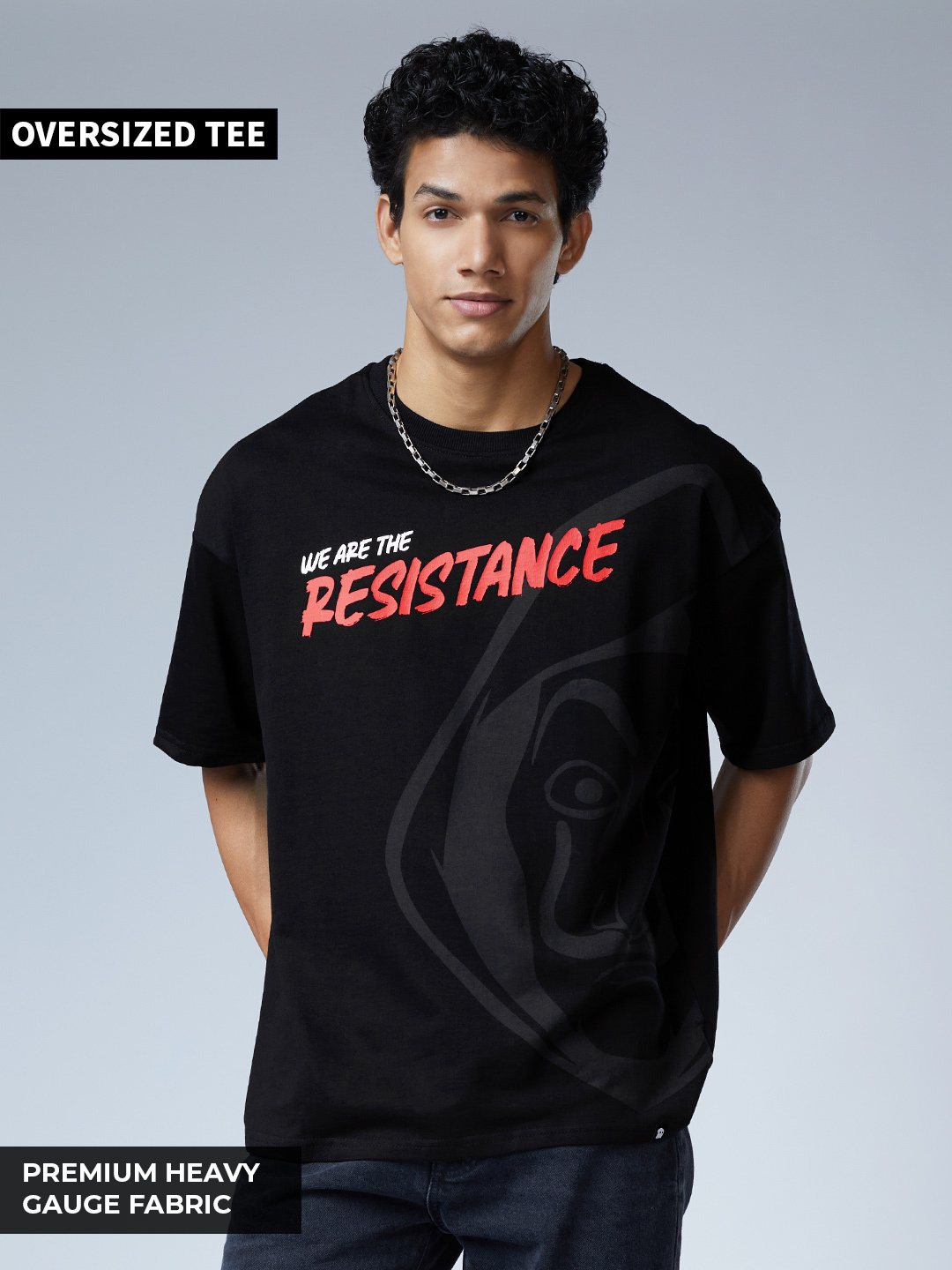 Men's Money Heist: We Are The Resistance Black Printed Oversized T-Shirt