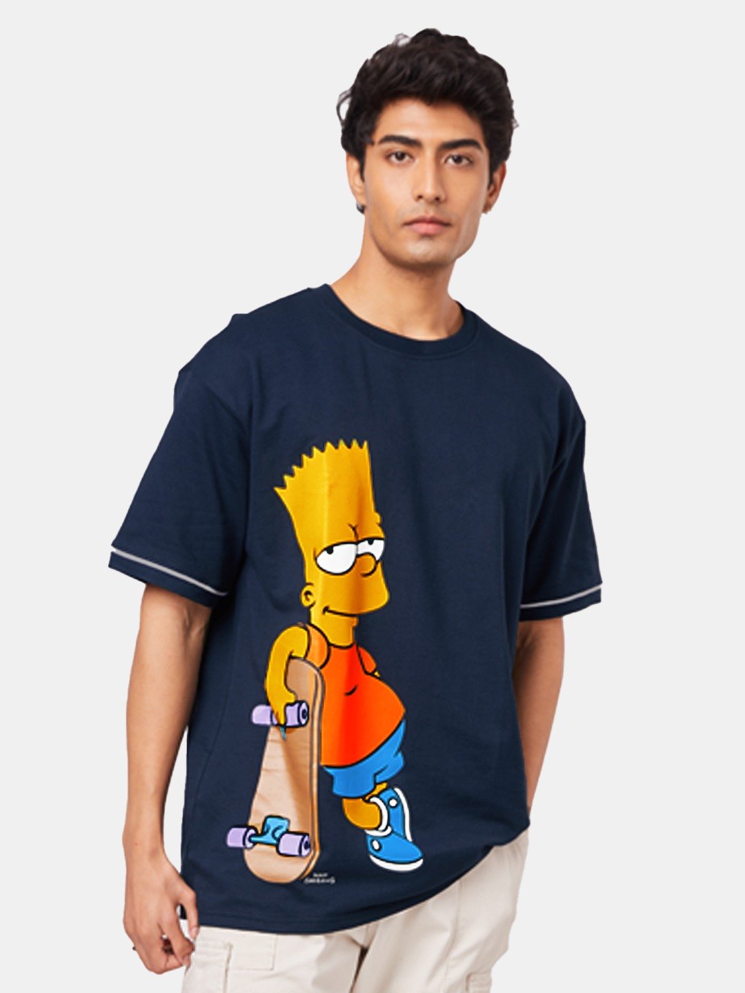 Men's The Simpsons: Flexing Like Bart Simpson Blue Printed Oversized T-Shirt