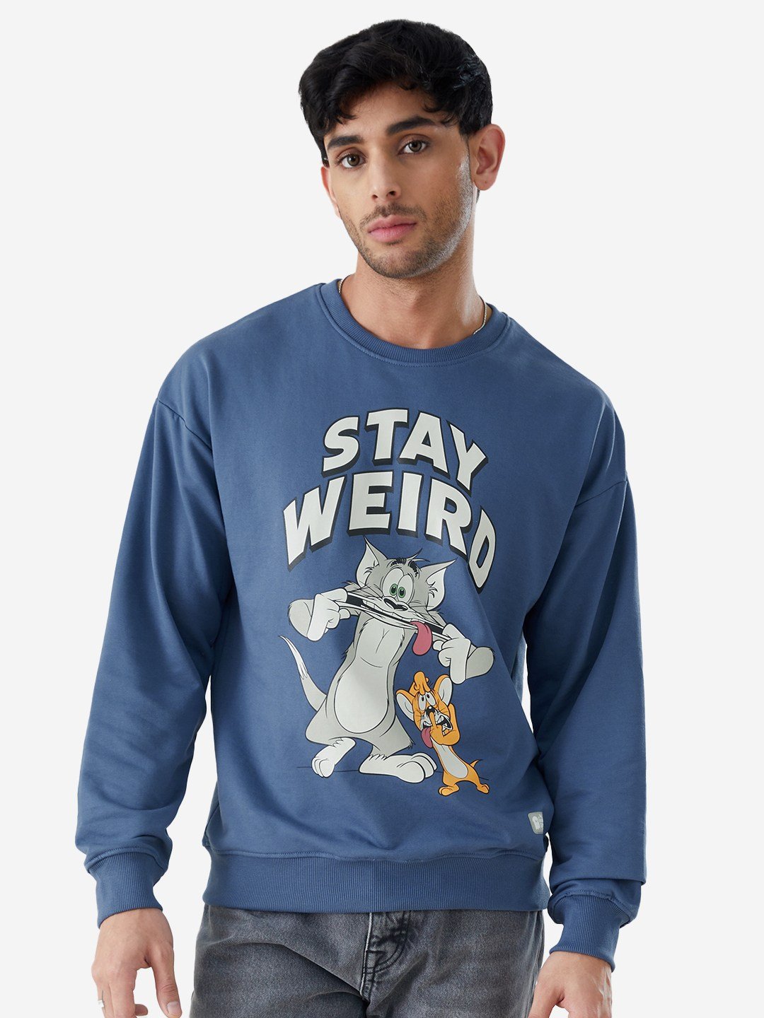 Men's Tom And Jerry: Stay Weird Blue Printed Oversized T-Shirt