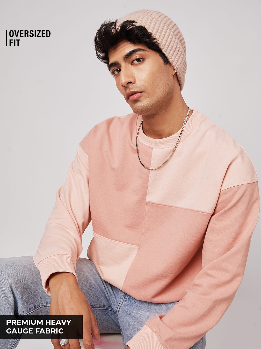Men's Solids: Pastel Pink Colour Block Men's Oversized Sweatshirts