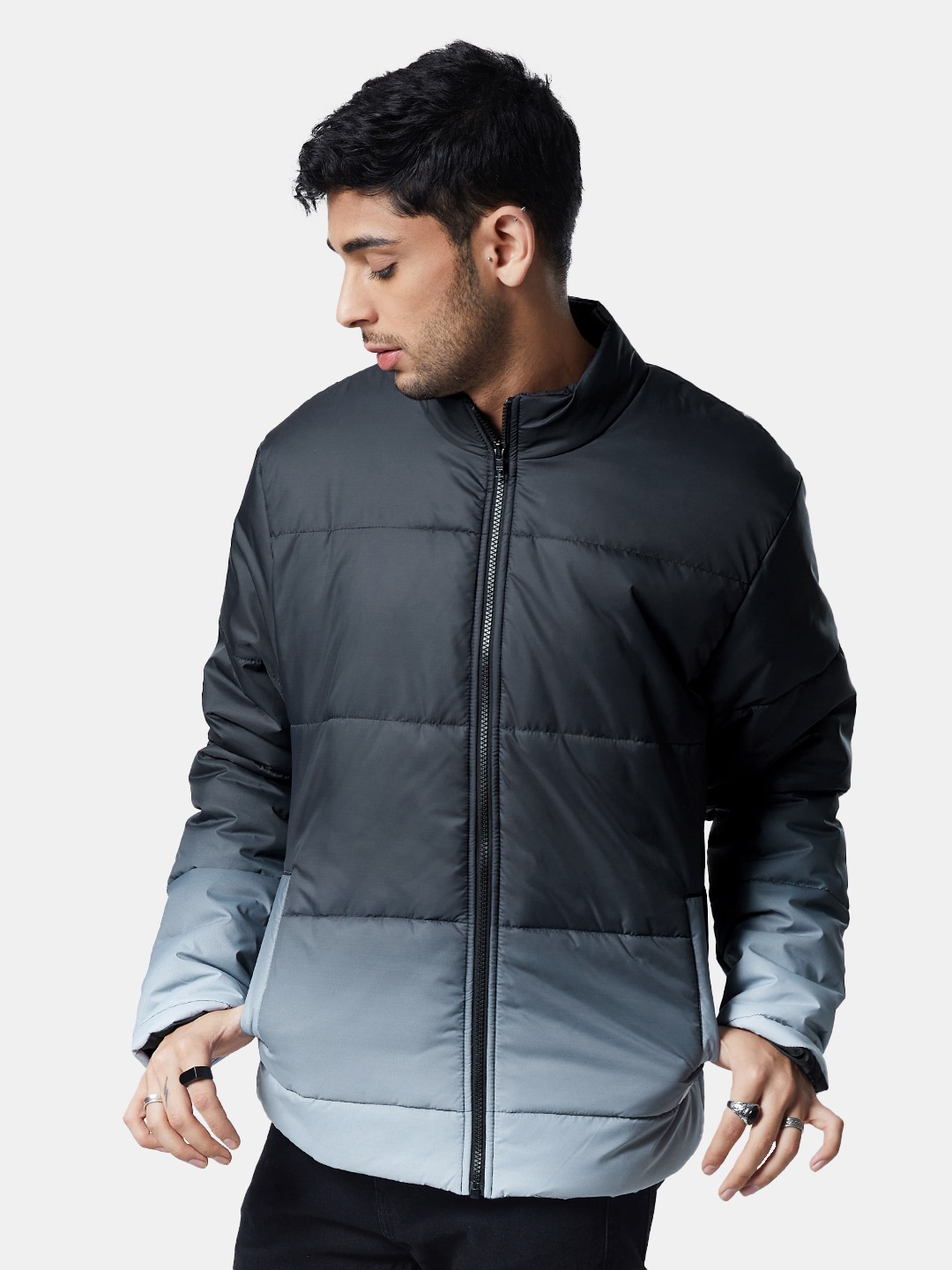 Men's Gangsta Light Blue & Black Solid Bomber Jacket