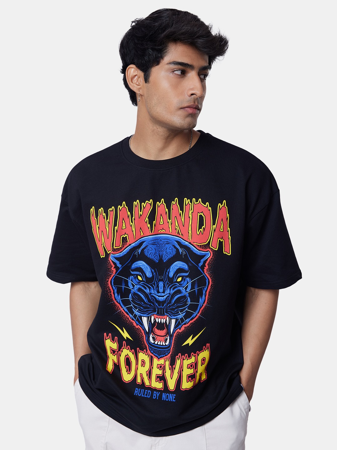 Men's Black Panther: Wakanda Black Printed Oversized T-Shirt