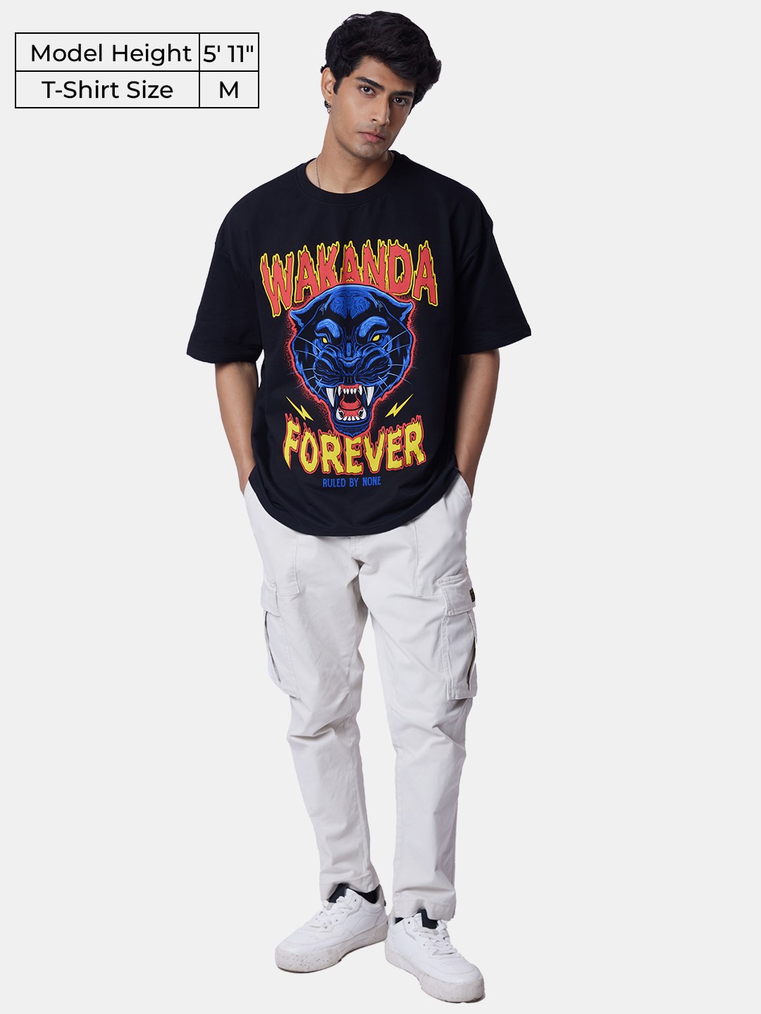 Men's Black Panther: Wakanda Black Printed Oversized T-Shirt