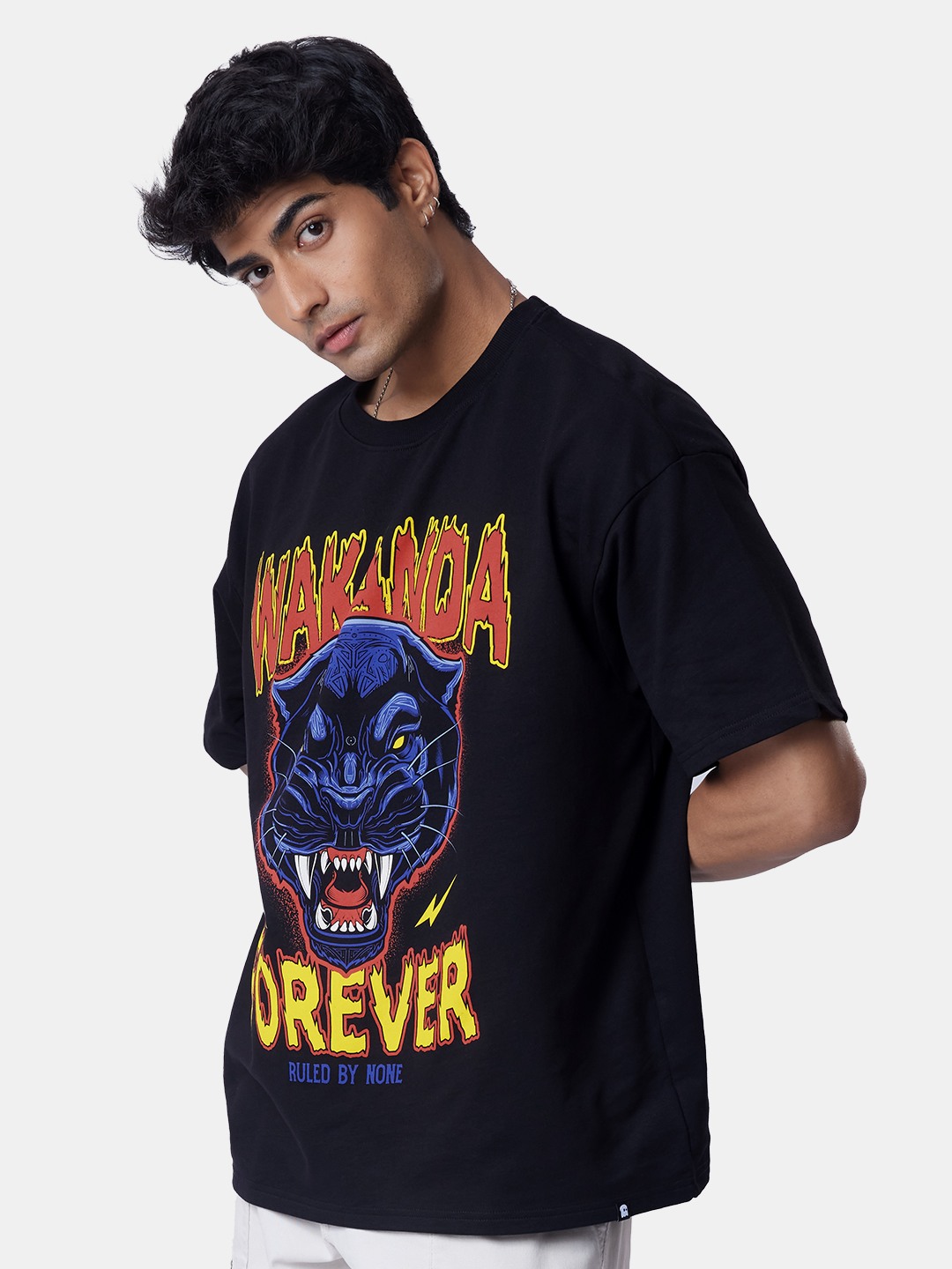 Men's Black Panther: Wakanda Black Printed Oversized T-Shirt