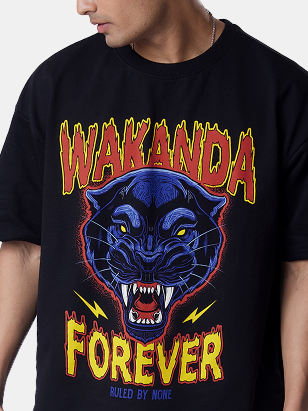 Men's Black Panther: Wakanda Black Printed Oversized T-Shirt