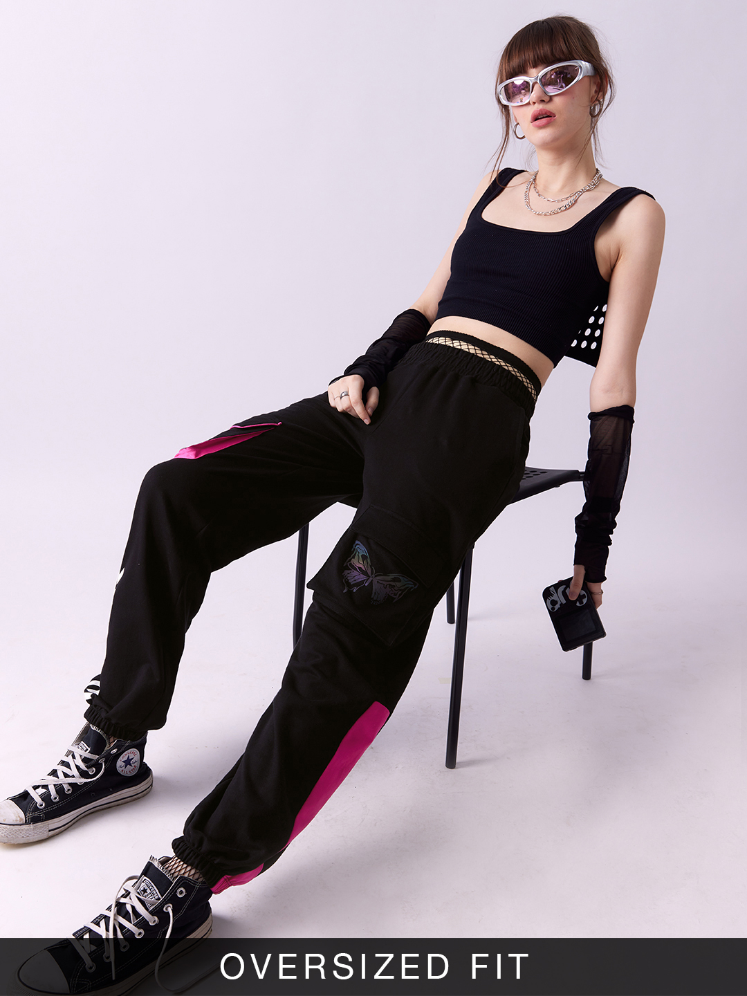 Women's Black Polycotton Printed Cargos