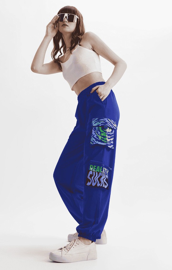 Women's Blue Cotton Printed Cargos