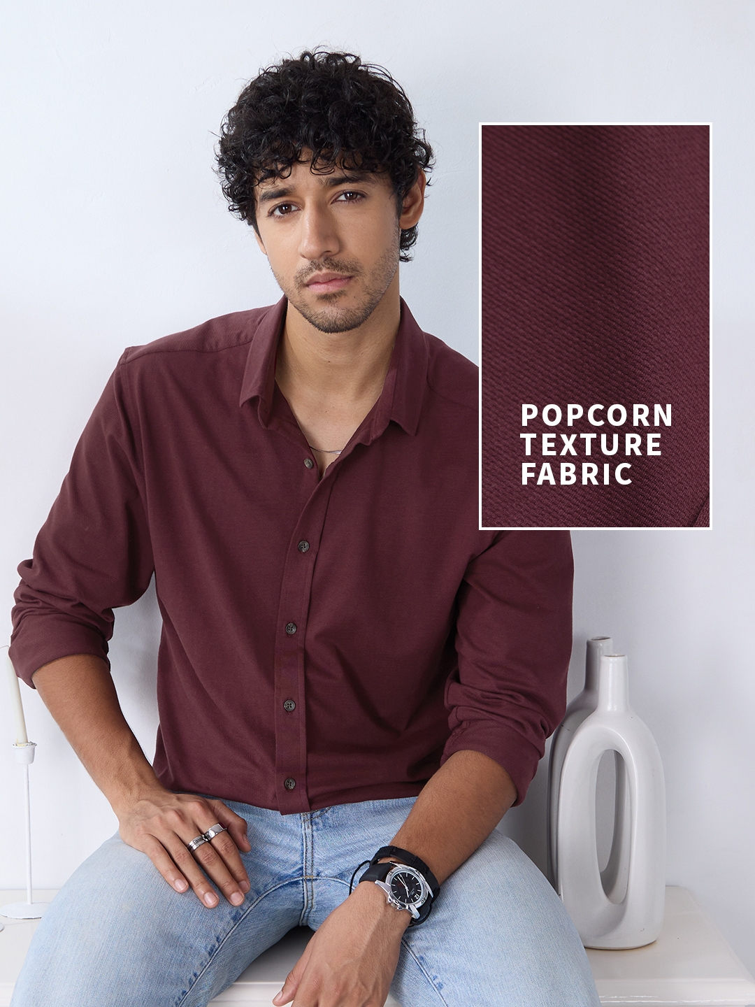 Men's Textured Shirt: Maroon Knit Shirts