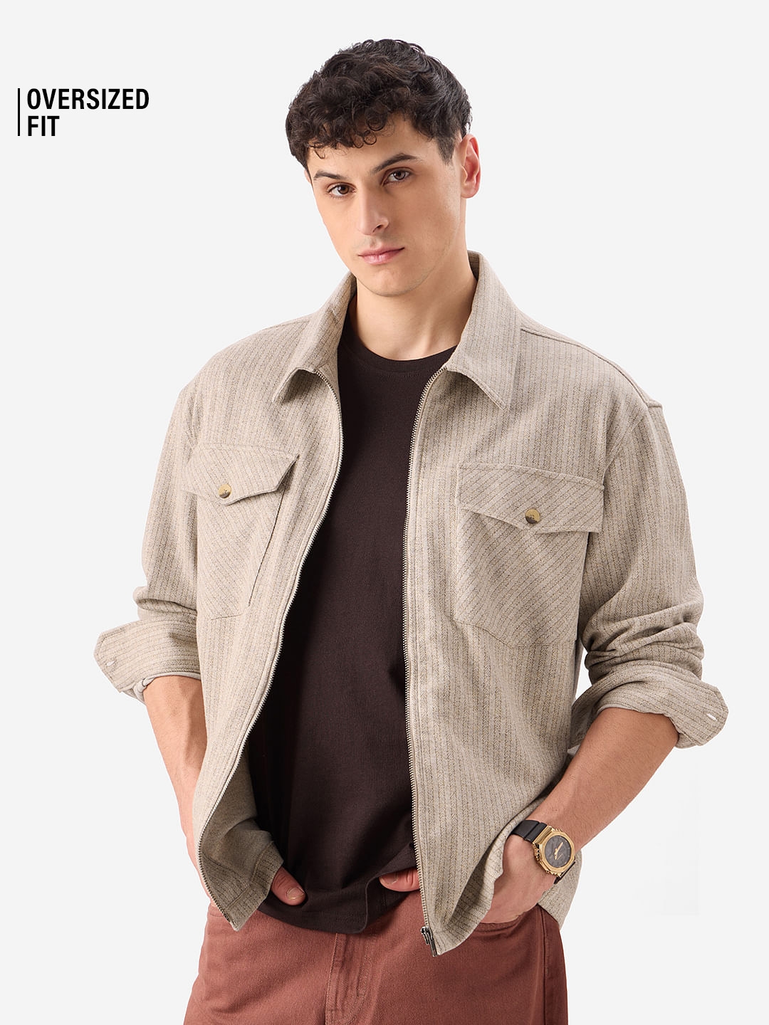 The Souled Store | Men's Beige Stripes Casual Shirts