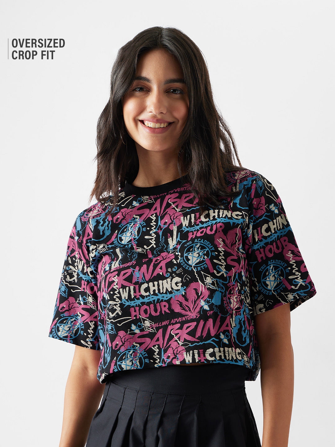 The Souled Store | Women's Sabrina: Doodle Pattern Women's Oversized Cropped T-Shirt
