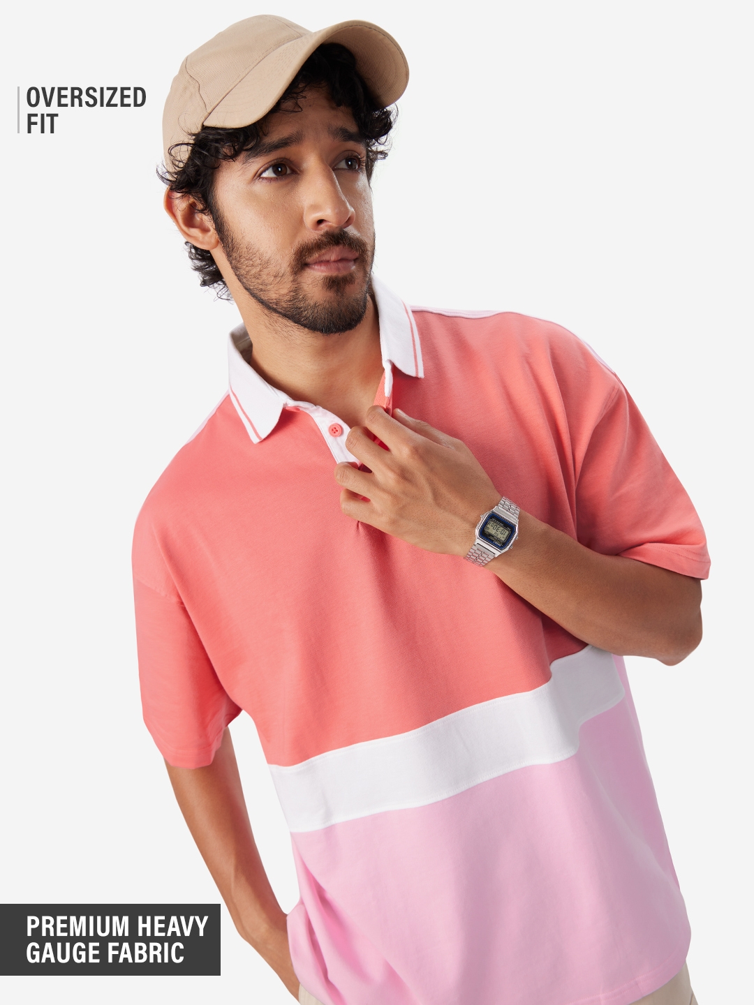 The Souled Store | Men's Solids: Watermelon, White and Pink (Colourblock) Oversized Polo T-Shirt