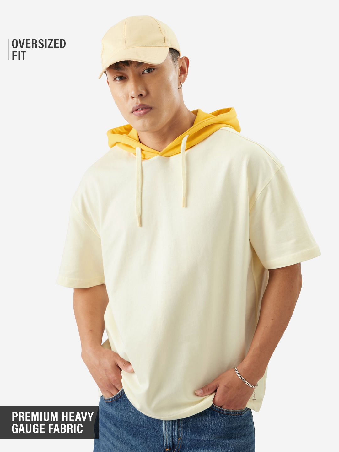 Men's Solids: Off White and Yellow Hooded T-Shirt