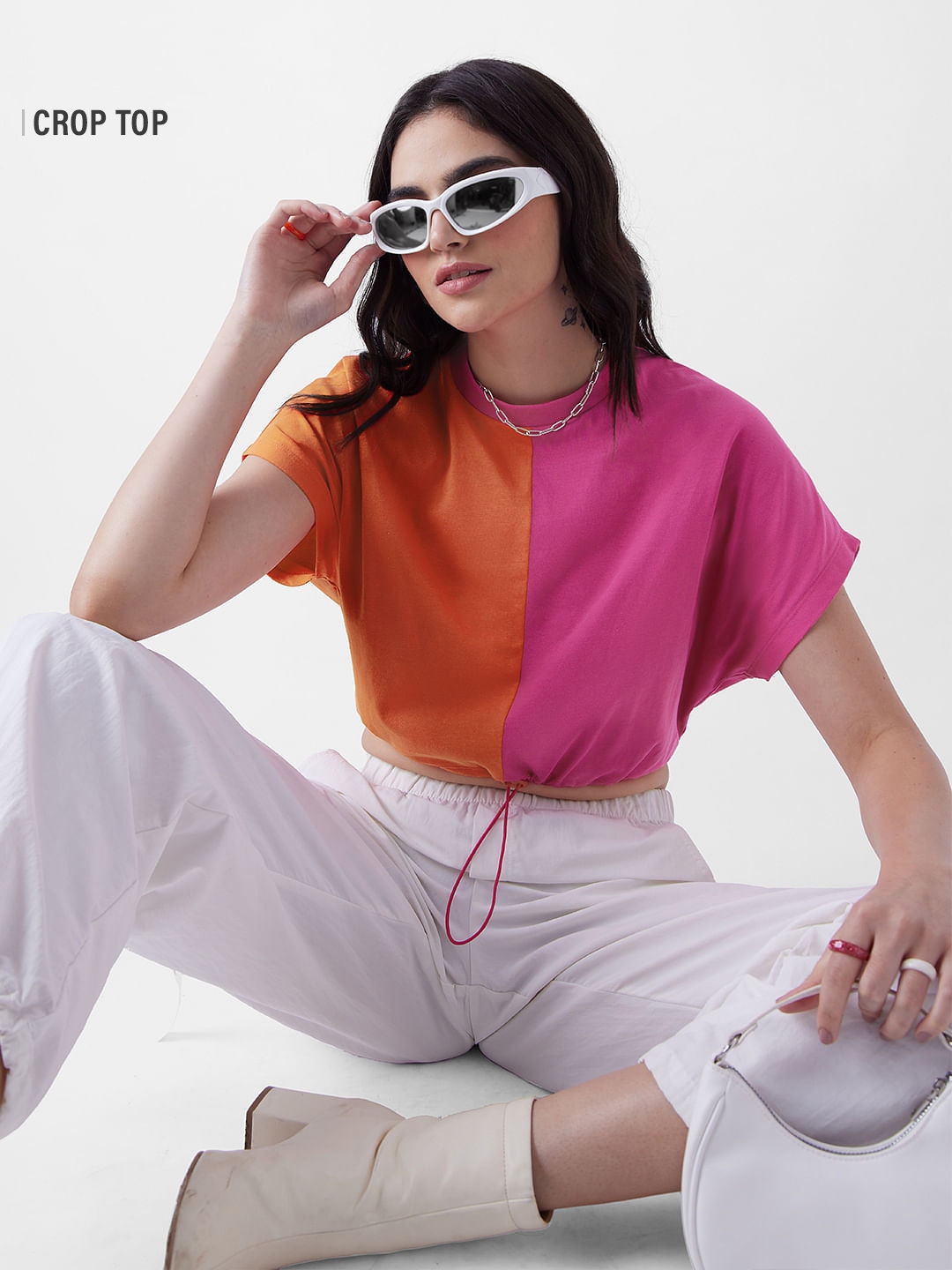 The Souled Store | Women's Solids: Blazing Orange, Hot Pink (Colourblock) Women's Cropped Tops