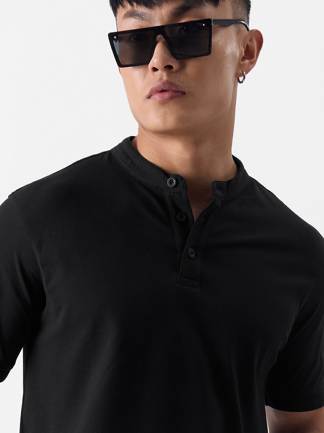 The Souled Store | Men's Solids: Midnight Black Mandarin Polo T-Shirt