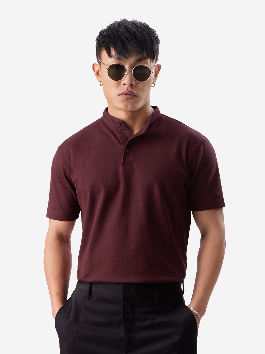 The Souled Store | Men's Solids: Rich Maroon Mandarin Polo T-Shirt