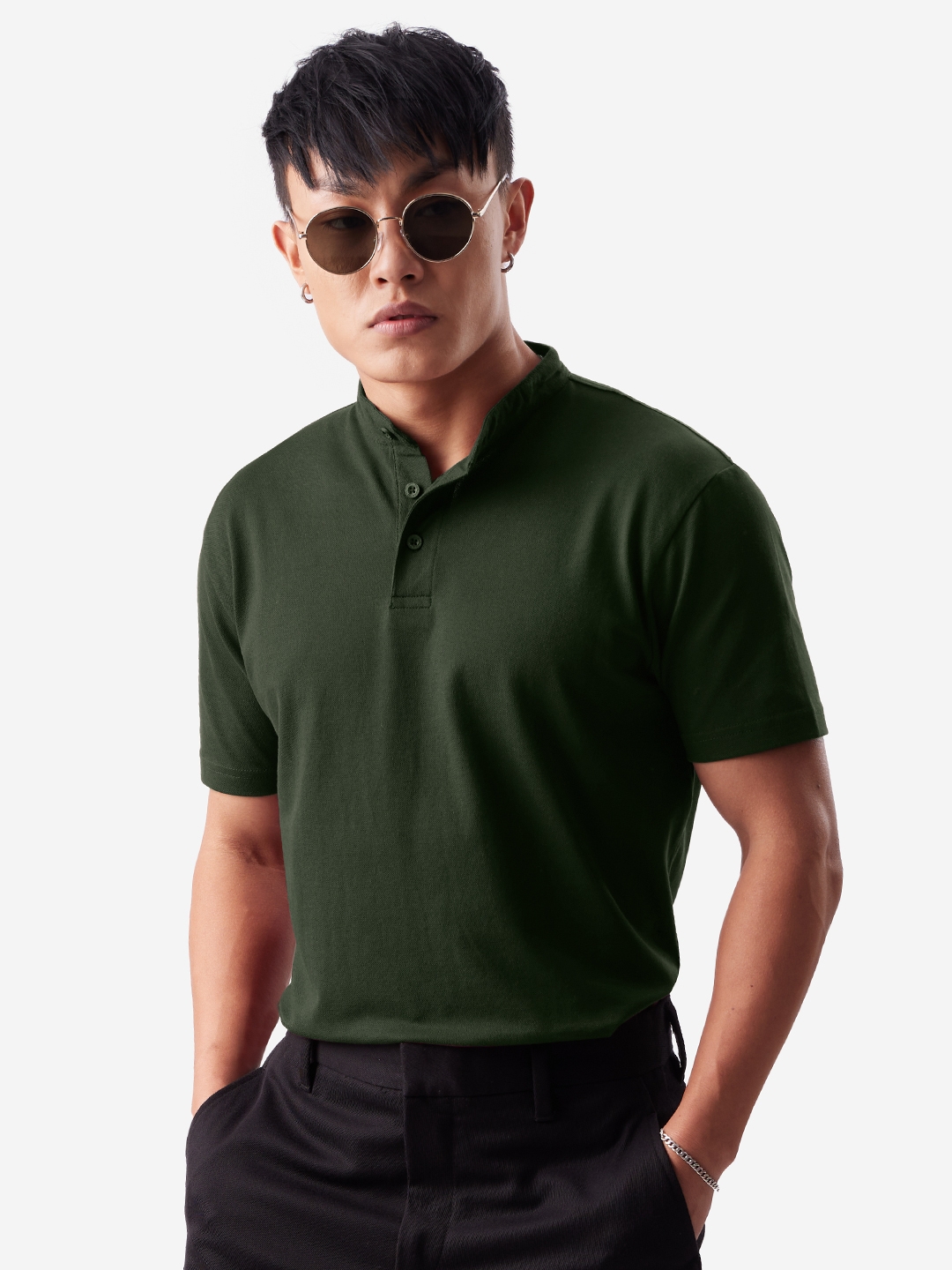 The Souled Store | Men's Solids: Dark Olive Mandarin Polo T-Shirt