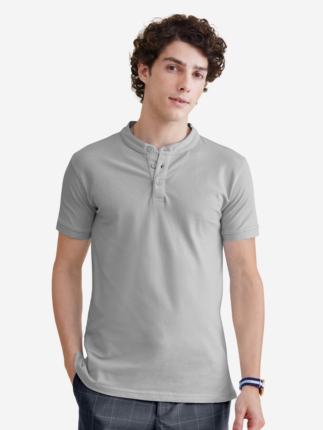 The Souled Store | Men's Solids: Light Grey Mandarin Polo T-Shirt