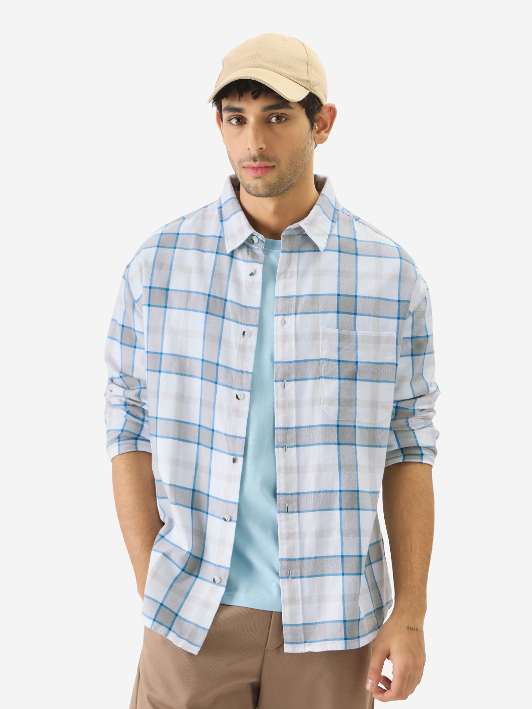 The Souled Store | Men's Plaid: Glacier Grey Men's Relaxed Shirts