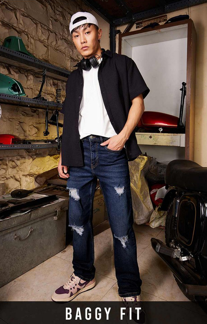 Men's Distressed Blue Cotton Solid Ripped Jeans