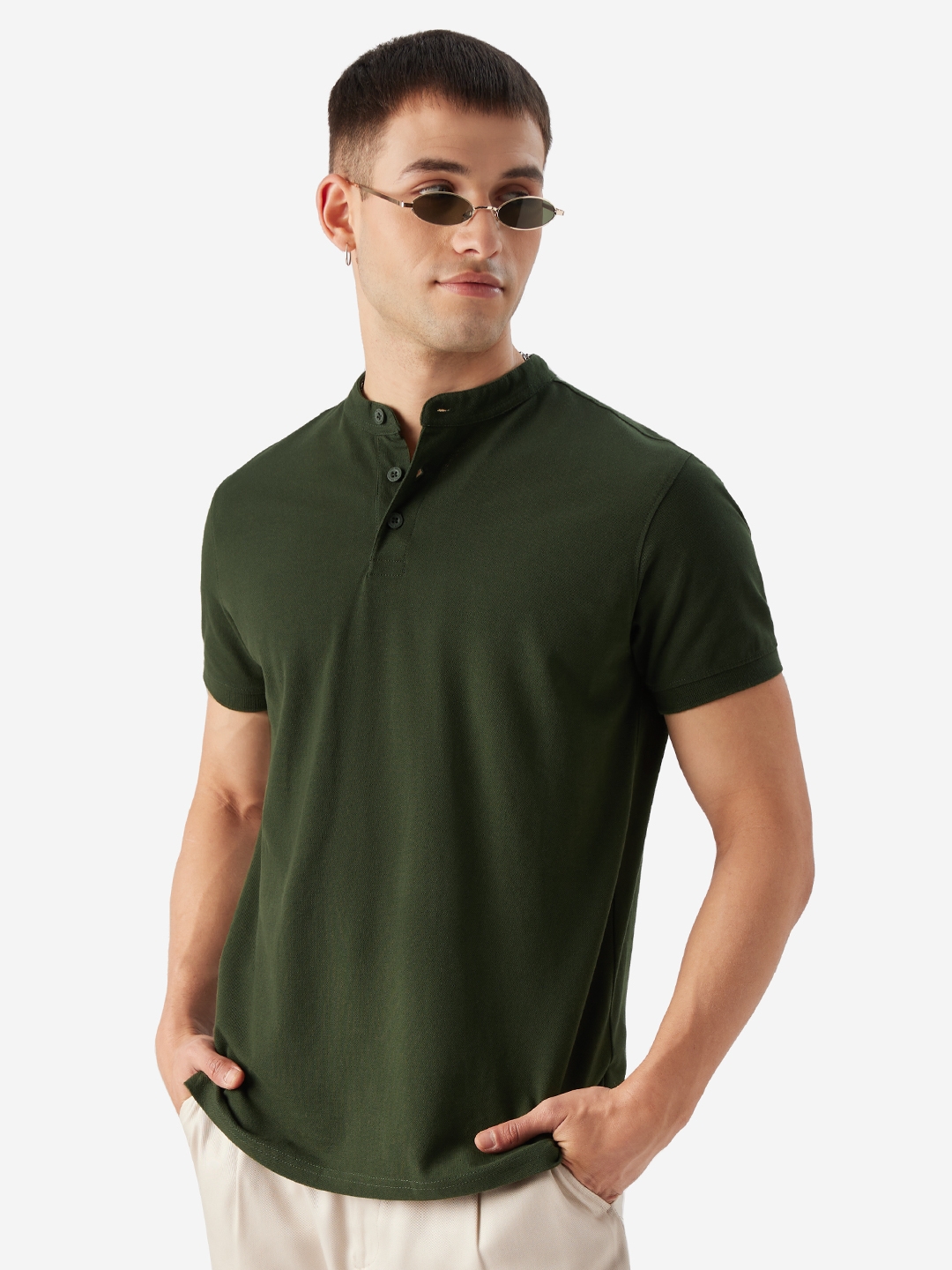 The Souled Store | Men's Solids: Dark Green Mandarin Polo T-Shirt