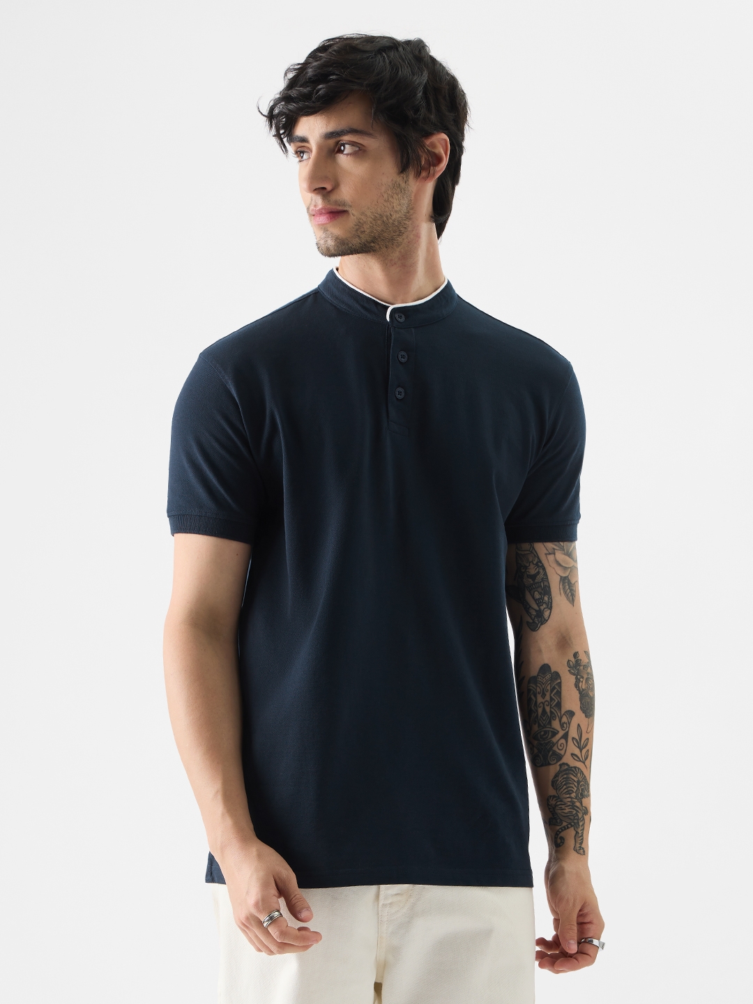 The Souled Store | Men's Solids: Navy Mandarin Polo T-Shirt