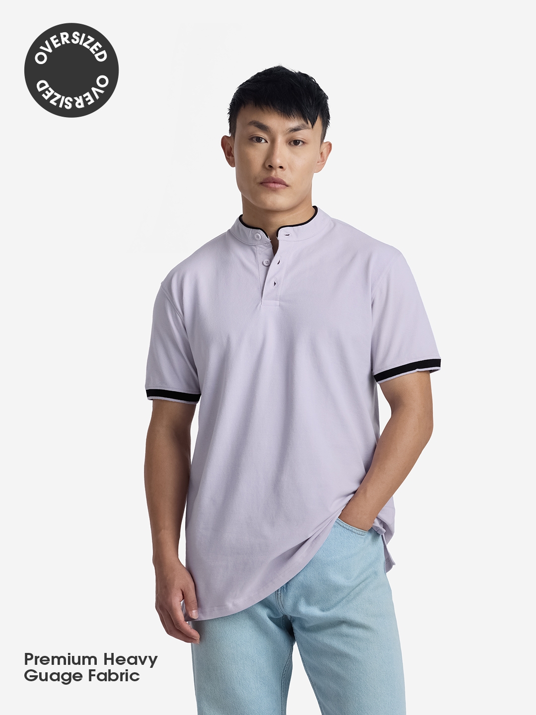 The Souled Store | Men's Solids: Light Lavender Mandarin Polo T-Shirt