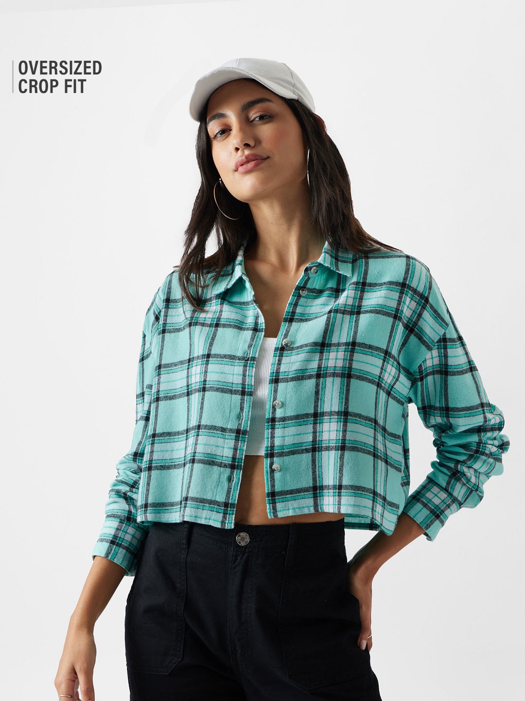 The Souled Store | Women's Plaid: Pool Green And White Women's Boxy Fit Shirts
