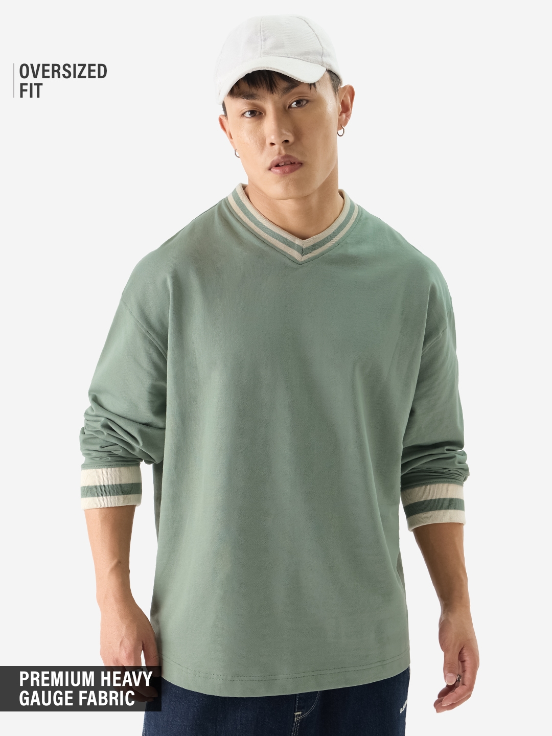 The Souled Store | Men's Solids: Sage Green Oversized Full Sleeve T-Shirt