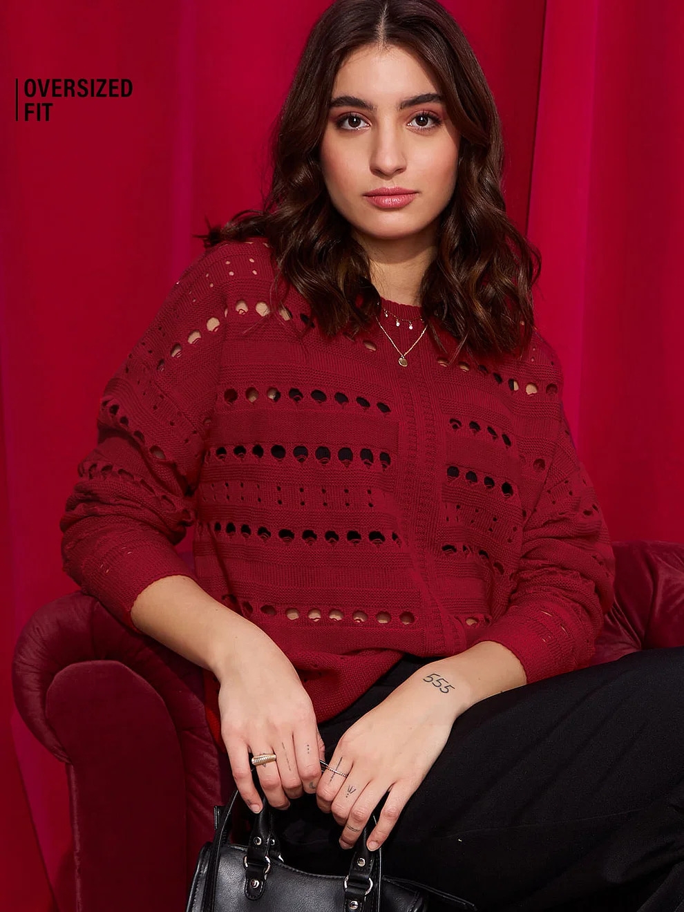 The Souled Store | Women's Solids: Deep Crimson Women's Oversized Sweaters