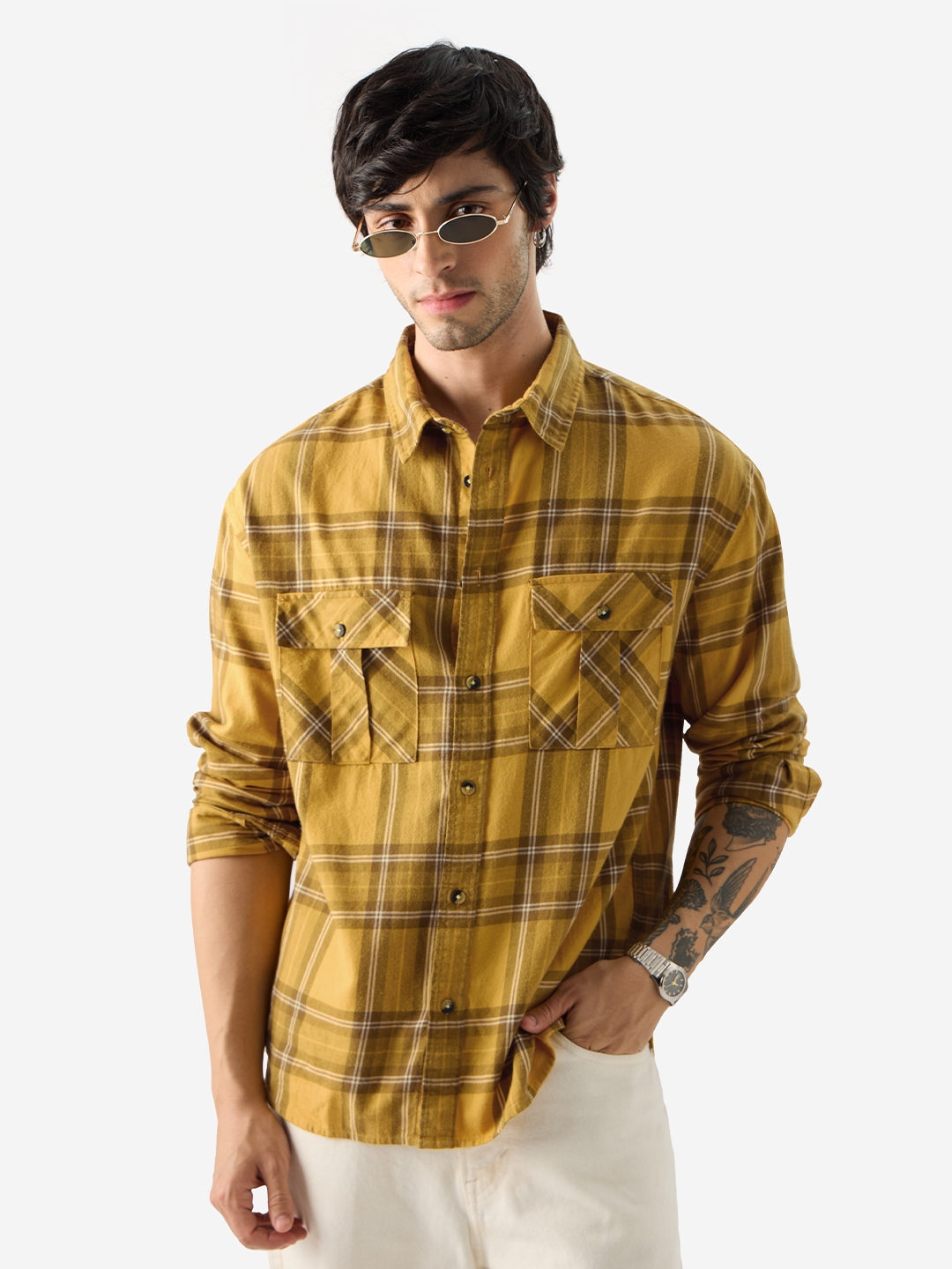 The Souled Store | Men's Plaid: Mustard, Black And White Men's Relaxed Shirts