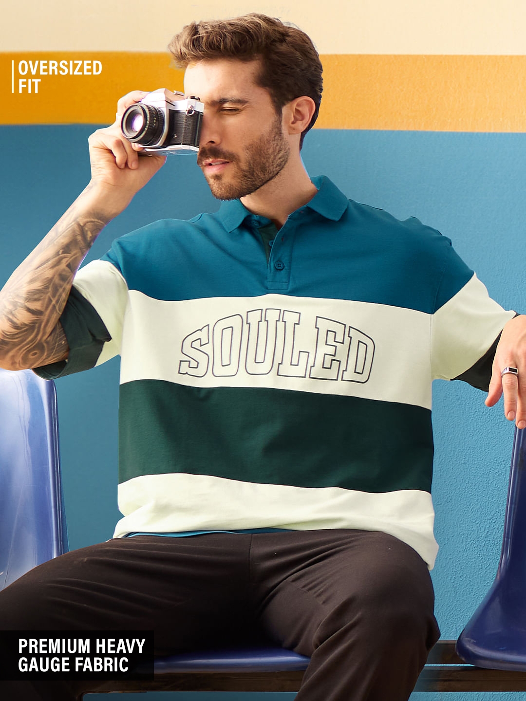 The Souled Store | Men's TSS Originals: Horizon Stripes Oversized Polo T-Shirt