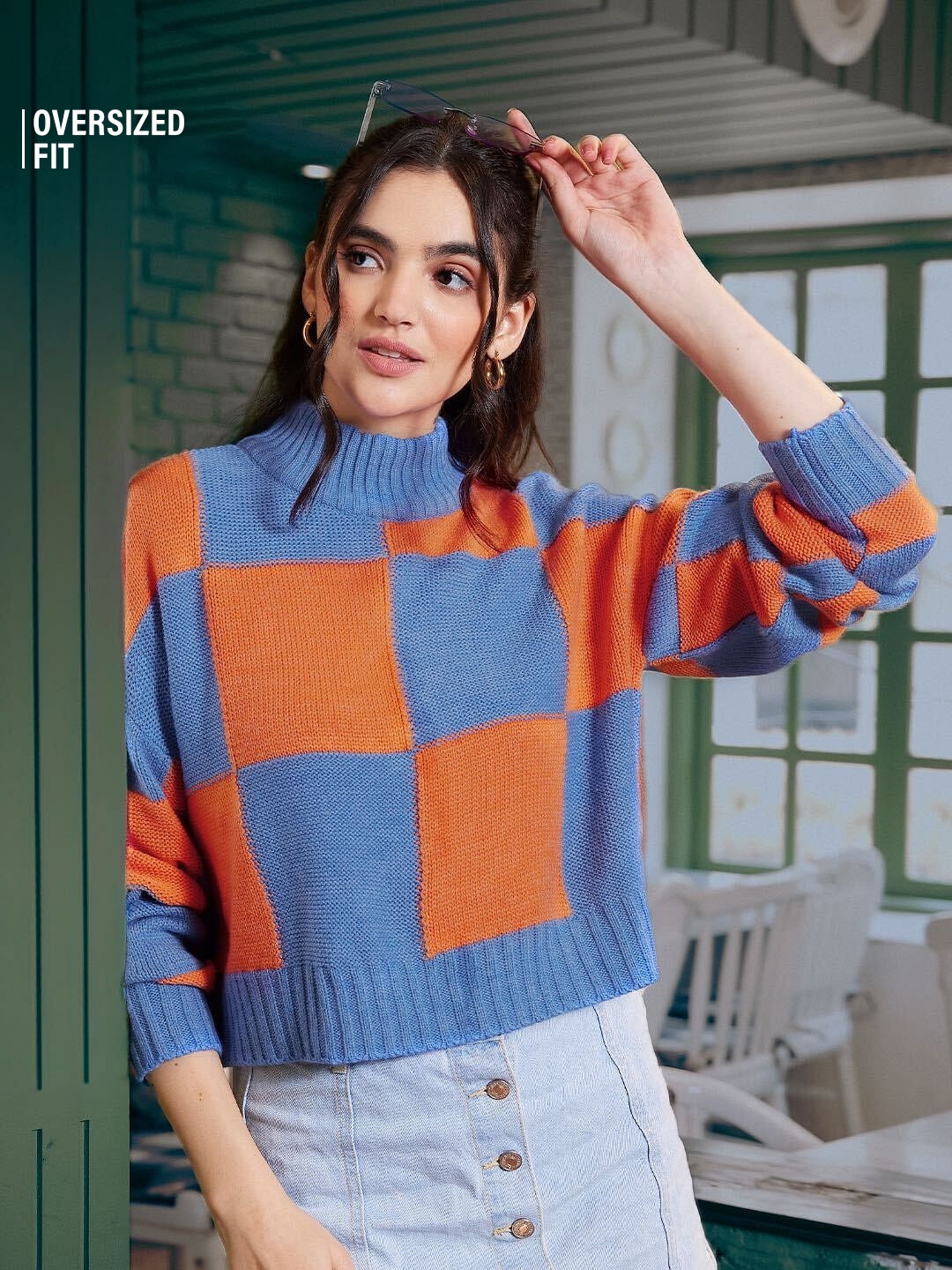 Women's Solids: Blue, Orange (Colourblock) Women's Turtle Neck Sweaters